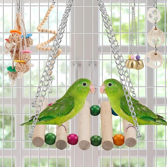 For Parakeet, Conure, Cockatiel, Love Birds, Parrots - Bird Cage Hammock with Ladder, Hanging Bell Swing, Chewing Toy