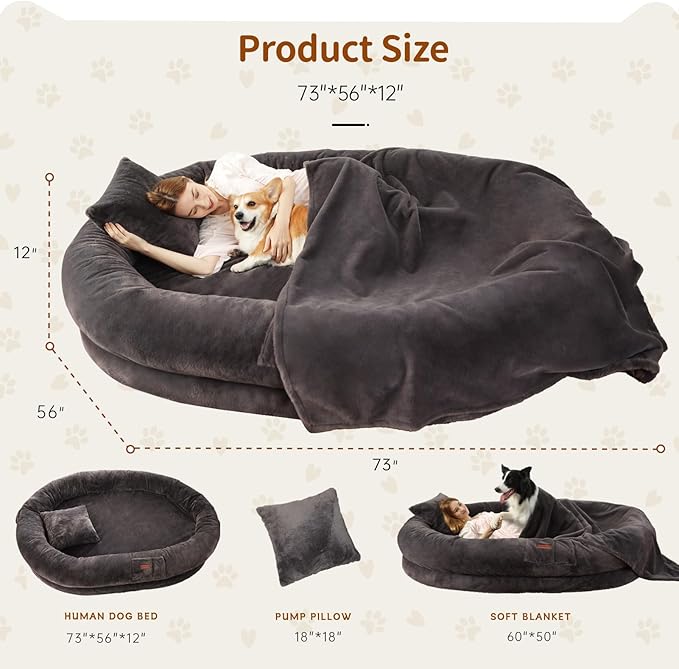 Human Dog Bed for Adults, 73"x56"x12" Washable Orthopedic Size, Faux Fur Removable, Cozy Large Present with Blanket and Pillow, Dark Grey