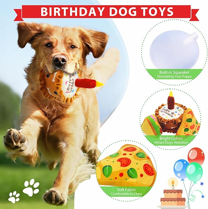 Birthday Dog Toys Crinkle Dog Toy Squeak Cake Toy Aggressive chew Toys for Puppy Sandwiches Pizza Party Dog Toy Interactive Birthday Toy with 3 Pack for Dog Birthday