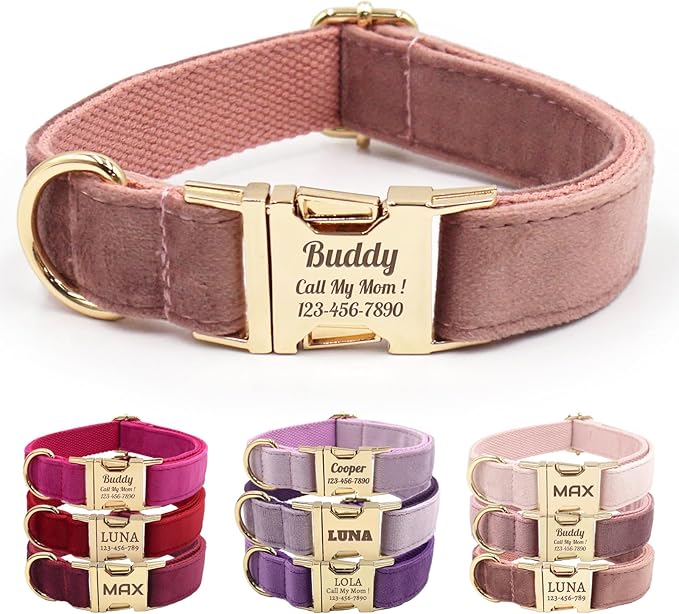 Velvet Personalized Dog Collar with Name - Customizable Dog Collar with Quick Release Metal Buckle - Leash and Bow Tie Available (Dusty Rose, L)