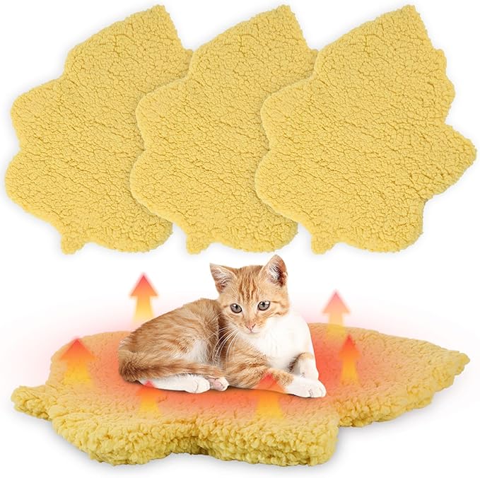 3 Pack Self Warming Cat Dog Bed Leaf Shape Self Heating Pet Mat Non Electric Washable Thermal Sleeping Pad Plush Heated Pet Mat for Crate Floor Indoor Outdoor(Light Yellow,Small-16 x20)