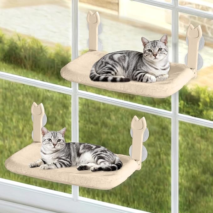 2 Pack Cat Window Perch,Cat Window Hammock Cordless Foldable Window Bed with 4 Large Strong Suction Cup,Reversible Cushion Cover,Metal Frame Easy to Adjust Window Seat Holds up to 40lbs(Beige，M)