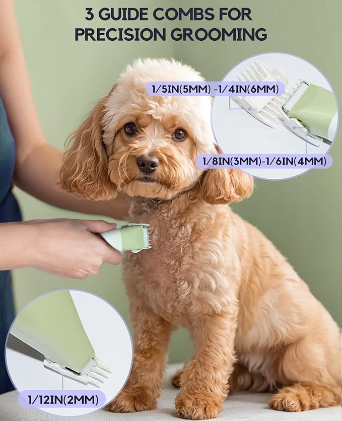 Dog Clippers Grooming Kit, 4 in 1 Quiet Cordless Dog Paw Trimmer & Nail Grinder, Small Cat Clippers Electric Rechargeable Low Noise Pet Shaver for Trimming Hair on Paw Eye Ear Face Rump, Green