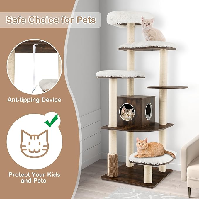 PETSITE Tall Cat Tree for Indoor Cats, 71 Inches Multi-Level Modern Cat Tower with Plush Perch, Cozy Condo, Platforms, Sisal Scratching Posts, EVA Massage Comb & Removable Cushions (Brown)