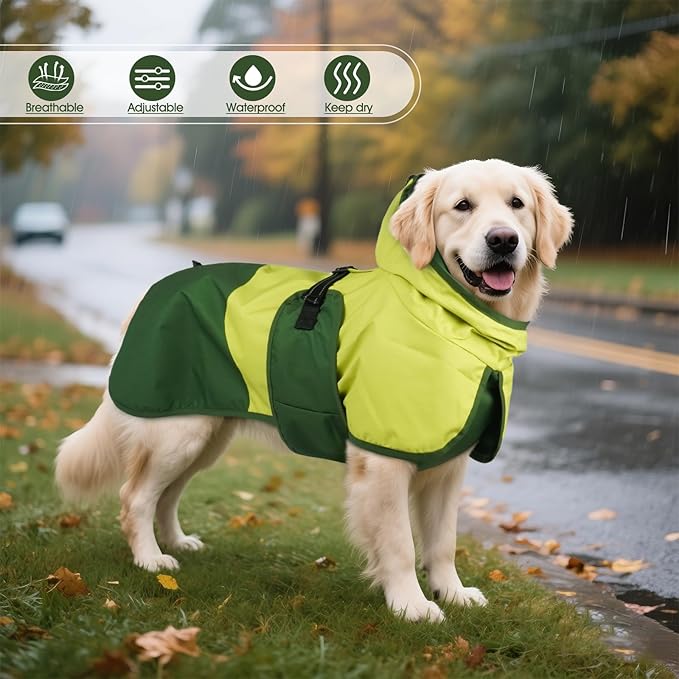 BRKURLEG Dog Raincoat for Small Medium and Large Dogs Waterproof Dog Rain Jacket Adjustable Hooded Dogs Raincoat Pet Rain Coat Poncho with Leash Hole, Reflective Strip, Green, XXXL
