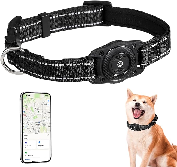 Waterproof Air tag Dog Collar - Reflective, Built-in Tracker with Bluetooth Connectivity（Included Tracker） Soft-Padded Adjustable Buckle (Black, M)
