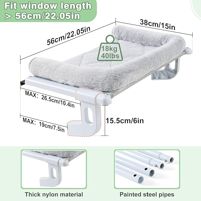 Sunhoo Cat Window Perch Hammock Sturdy Windowsill Bed Seat for Large Cats No Drilling No Suction Adjustable Kitty Shelf with Washable Cover Easy Assembly Holds up to 40 lbs 22.05 * 15 in (Grey, S)