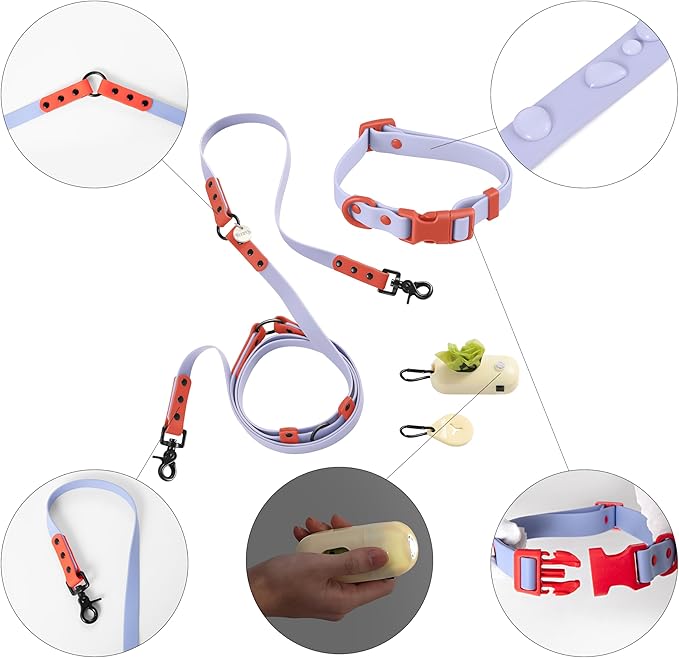 WLK1004E-5SET Luna Small 8FT Adjustable 6-in-1 Waterproof Hands-Free Leash and Collar with LED Flashlight, Bag Dispenser, and Poop Bag Holder, Sangria