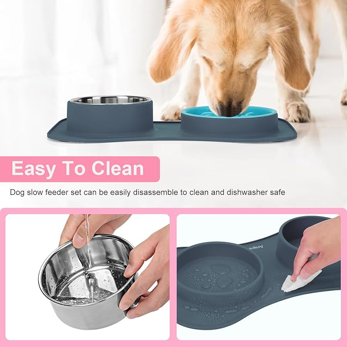 Slow Feeder Dog Bowls 3 in 1 Stainless Steel Dog Food and Water Bowls with Non-Spill and Non-Skid Silicone Mat to Slow Down Eating for Large Medium Small Breed Size Dogs and Cats