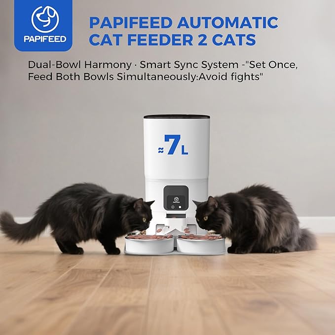 PAPIFEED Automatic Cat Feeder for 2 Cats, 2.4G WiFi Cat Food Dispenser with App Control, 7L Slow Feed Pet Feeder with 2 Stainless Bowls for Cats & Dogs, 12 Portions 10 Meals Daily - White