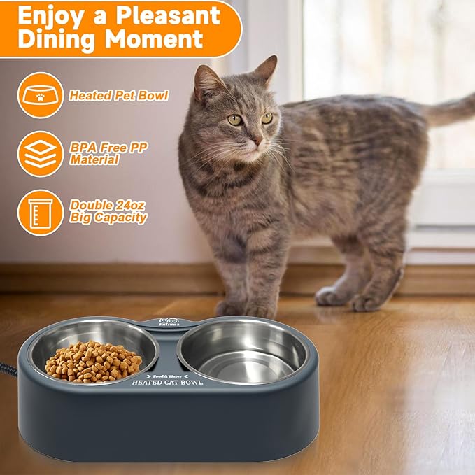 Heated Cat Bowl, Outdoor Heated Pet Bowls with Double Stainless Steel Bowl 24 OZ, Water Food Bowls for Cat Pet, Provide Drinkable Water and Hot Food in Winter