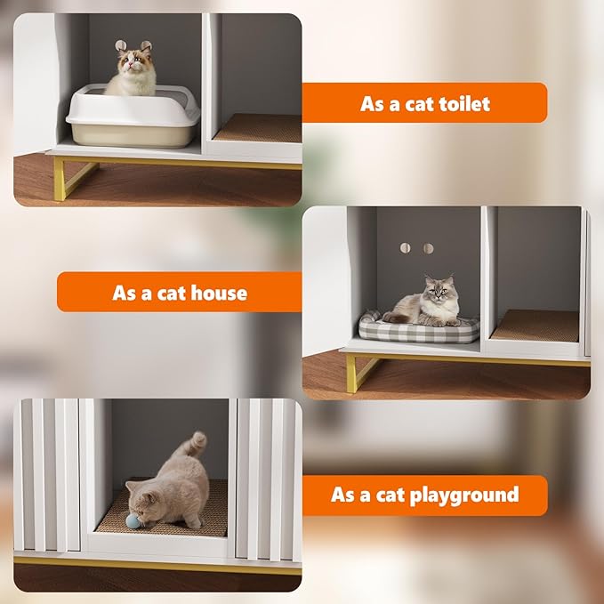 Double Litter Box Enclosure,Modern Cat Litter Box Enclosure for 2 Cats, Hidden Litter Box with Cat Scratch Pad, Cat Washroom Cat House End Table, Entryway Bench for Livingroom (White)