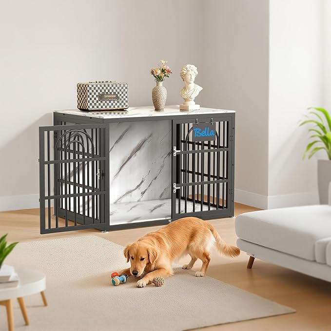 46.5" Dog Crate Furniture, Heavy Duty Dog Crates, Dog Kennel Furniture Indoor for Extra Large Dog as TV Stand, Wooden Cage End Table for Indoor, Name Tag Escape-Proof Locks & Double Door