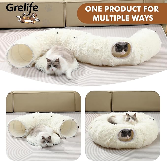 Grelife Cat Tunnel Bed for Indoor Cats, Large Cat Tunnel Christmas Tree Skirt, Cat Donut Tunnel Toys with Soft Plush, for Cats, Kittens, Small Pets(33.52")