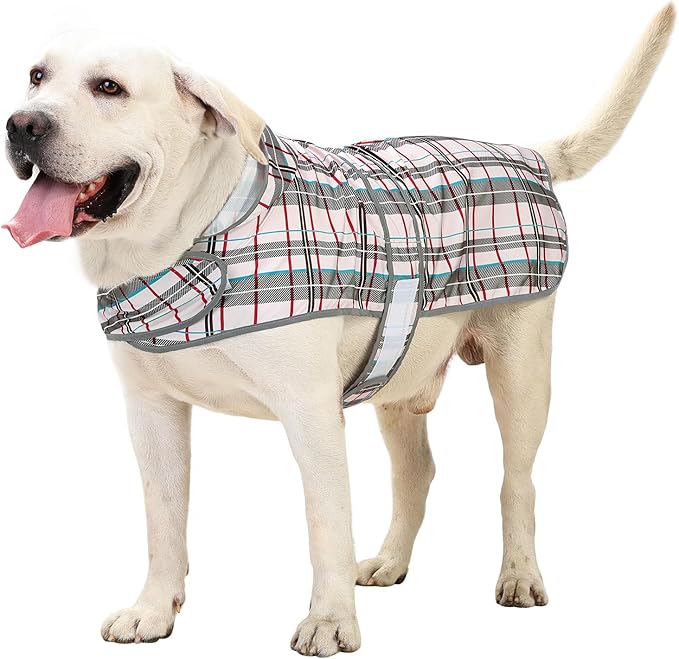 Dog Raincoats for Large Dogs Waterproof Hooded Rain Jacket with Reflective Strips Leash Hole & Poncho Adjustable Fit (Plaid,XXL)