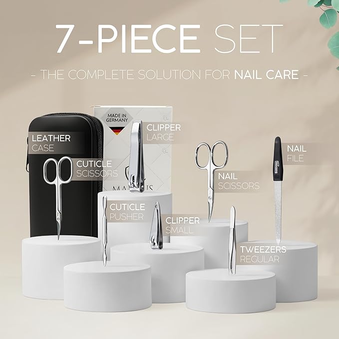 Manicure Set Solingen Made in Germany - 7 Piece Exclusive Finger & Toe Nail Clippers Kit for Women and Men in Real Leather Case, Color Black