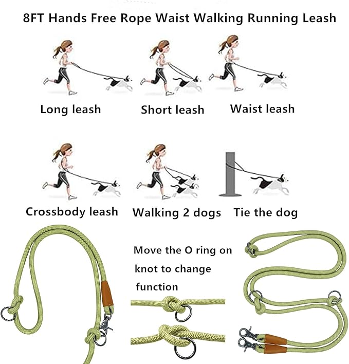 8FT Hands Free Dog Rope Leash, Waist Body Running Leash for Dog Walking (Lime Green, 8FTx10MM)