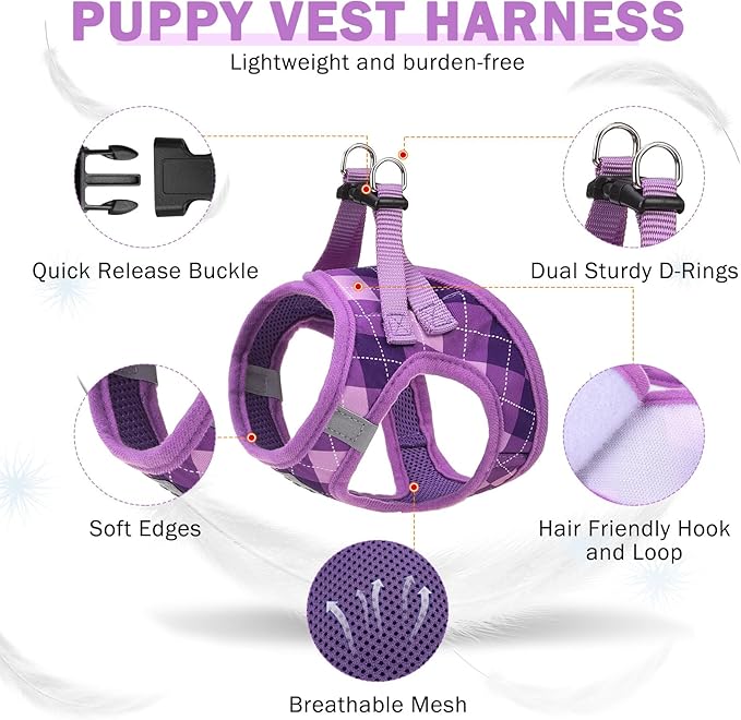 SCENEREAL Small Dog Harness and Leash Collar Set, Step in No Pull Soft Mesh Dog Harnesses for Small Medium Sized Dogs Puppy and Cats Outdoor Walking, No Chock Reflective Vest Harness, Purple Plaid XS