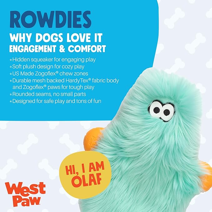 WEST PAW Rowdies Olaf Durable Plush Dog Toy with Reinforced HardyTex Fabric Hand Sewn Seams and Engaging Squeaker for Chewers and Cuddlers - Seafoam