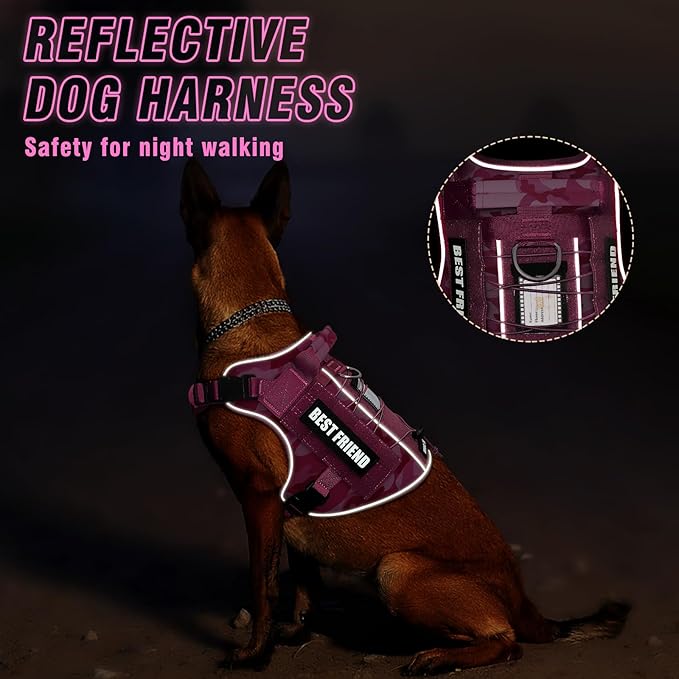 Tactical Dog Harness for Large Dogs,No Pull Military Dog Vest with Easy Control Handle&Molle,Reflective Heavy Duty Pet Harness for K9 Working Hiking Training Daily Walking Camo Pink XL