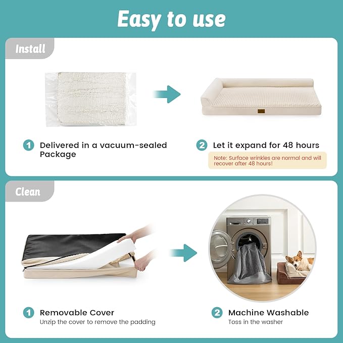 Orthopedic Dog Bed for Medium Small Size Dog, Dogs Crate Bed, L Shaped Foam Anti-Slip Bottom Pet Cat Sofa with Washable Removable Cover, Suitable for Pet Up to 40 lbs, 30x20x6.5 inch, Beige