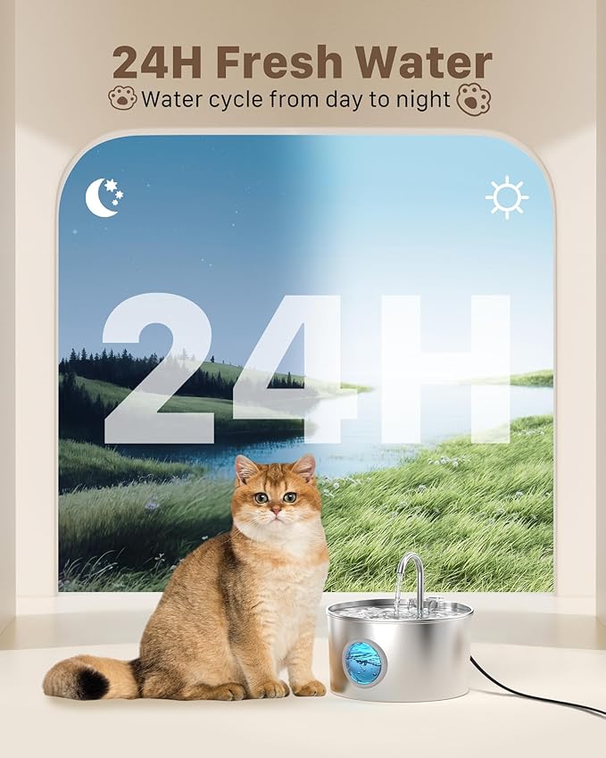 Cat Water Fountain Stainless Steel: Cat Fountain for Drinking - Pet Water Fountain for Cats Inside - 74oz/2.2L Quiet Cats Water Bowl Dispenser - Kitten Drinking Fountains - 6 Filters + 3 Sponges