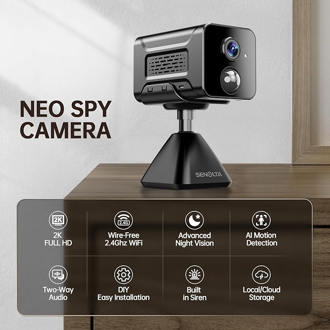 Hidden Camera – 2K HD Wireless Spy Camera with Audio/Video, Mini Indoor Camera for Home Security, AI Motion Detection, Night Vision, Built-in Siren, Two-Way Audio, 60-Day Battery Life