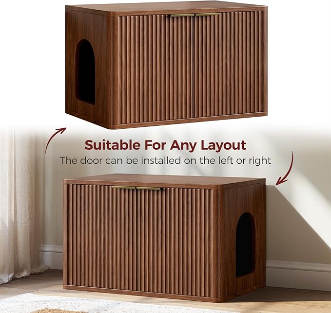 Evermagin 31.5" Walnut Cat Litter Box Enclosure Furniture, Large Hidden Litter Box Cabinet, Entry Can Install Left/Right, Mid Century Modern Fluted Kitty End Table for Living Room, Entryway, Bedroom