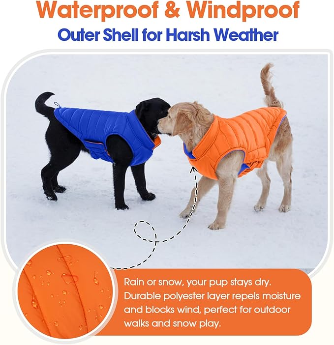 QBLEEV Reversible Dog Jacket for Small Dogs, Waterproof Windproof Warm Winter Coat with Adjustable Fit & Leash Hole, Lightweight Reversible Puffer Vest, Orange, S – Fits Yorkie, Shih Tzu