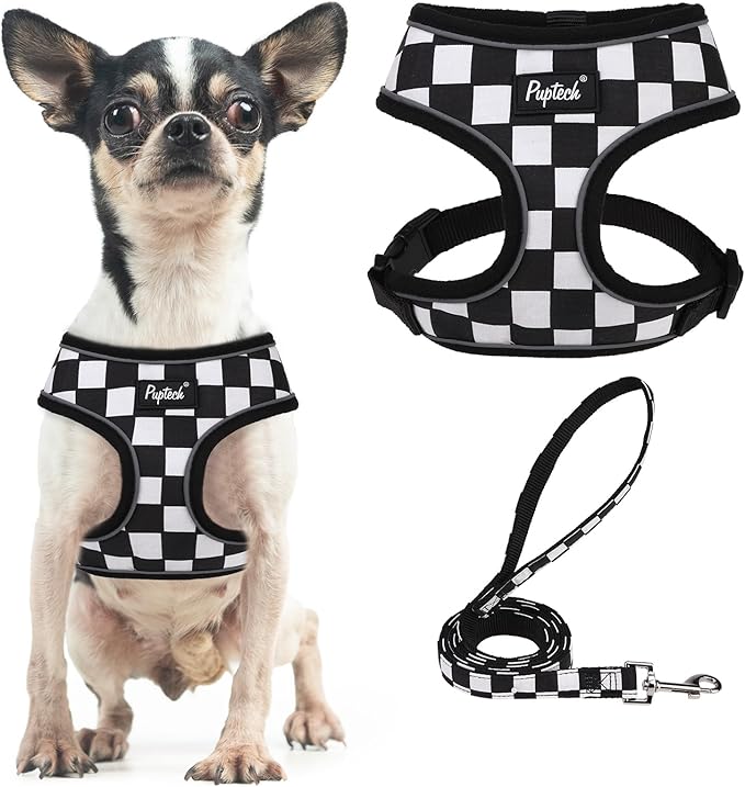 PUPTECK Soft Mesh Dog Harness and Leash Set Pet Puppy Cat Comfort Padded Vest No Pull Harnesses, Checkered Black&White, S