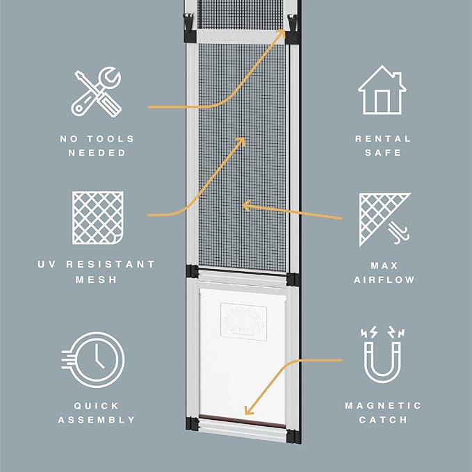 Hakuna Pets V2 Patio Pet Door Screen Insert Panel for Sliding Doors, Fits Door Track Min Ht 62.99" to Max Ht 84.25",UV Resistant Mesh, Locking Magnetic Dog Door, Easy Install and Removal,Large,Silver