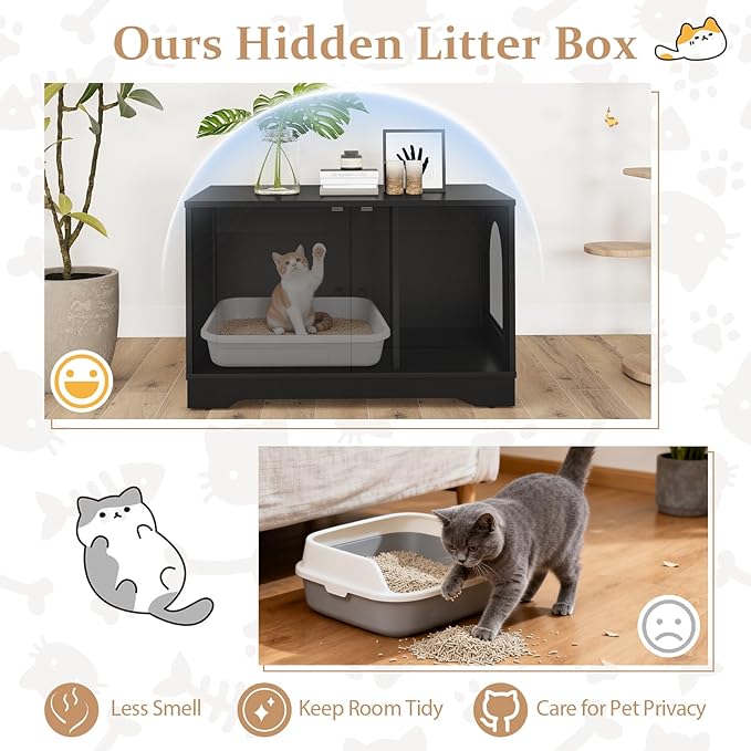 Tangkula Cat Litter Box Enclosure, Wooden Kitty Washroom Cabinet w/Winding Entry & Cat Hole, with Divider, Hidden Double Enclosed Litter Box Furniture for Living Room, Bedroom, Entryway (Black)