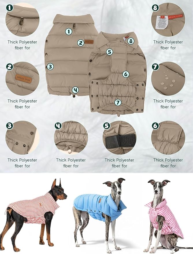 SPACE LION Dog Puffer Jacket, Down Winter Coat, Durable Outdoor Coat for Cold and Windy Conditions, Lightweight & Adjustable Fit Coats for Large Dogs, (Camel, Size24/2XL)