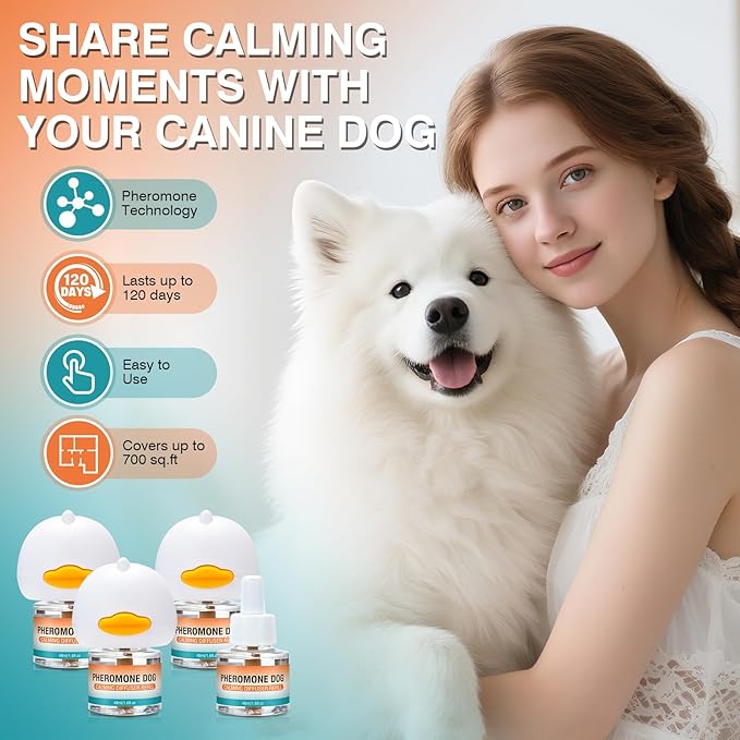 Dog Calming Pheromones Diffuser to Calm Pet 7 In 1 Advanced Kit Appeasing Pheromone Diffuser for Anxiety Relief (3 Plug in+4 Pack 48ml Refill) Reduce Aggression Fighting Barking Stress (Tasteless)
