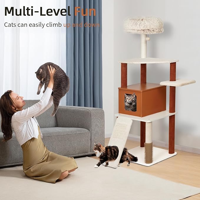 63 Inch Modern Cat Tree for Large Cats - Multi-Level Activity Center with Sisal Scratching Posts, Plush Perch, Enclosed Condo & Hanging Toy, Sturdy Wood Design for Indoor Use