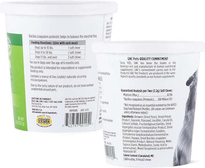 GNC Pets Essentials Digestion Dog Supplements, Probiotic Support Soft Chews in Bacon Flavor for Dogs, Daily Digestion Aid in Reusable Container - Puppy & Adult Pet Health Supplement, 60 Count - 3 Pack