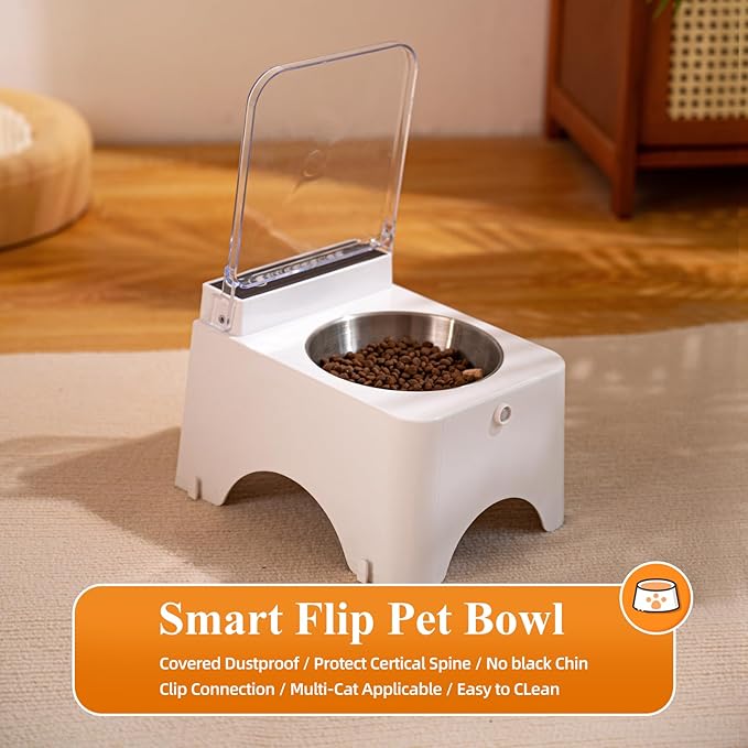 Dustproof Wireless Infrared Sensor Flip Top Cat Food Bowl - Automatic Cat Feeder for Indoor & Camping, Elevated, No Spill, Non-Slip, Raised Stainless Steel Food & Water Dog Bowl