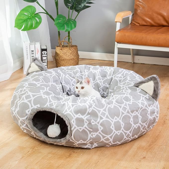 LUCKITTY Geometric Cat Tunnel Bed Under Christmas Tree Oxford Outside with Plush Inside,Cats Toys Collapsible Tunnel Tube with Balls, for Rabbits, Kittens, Ferrets,Puppy 3FT