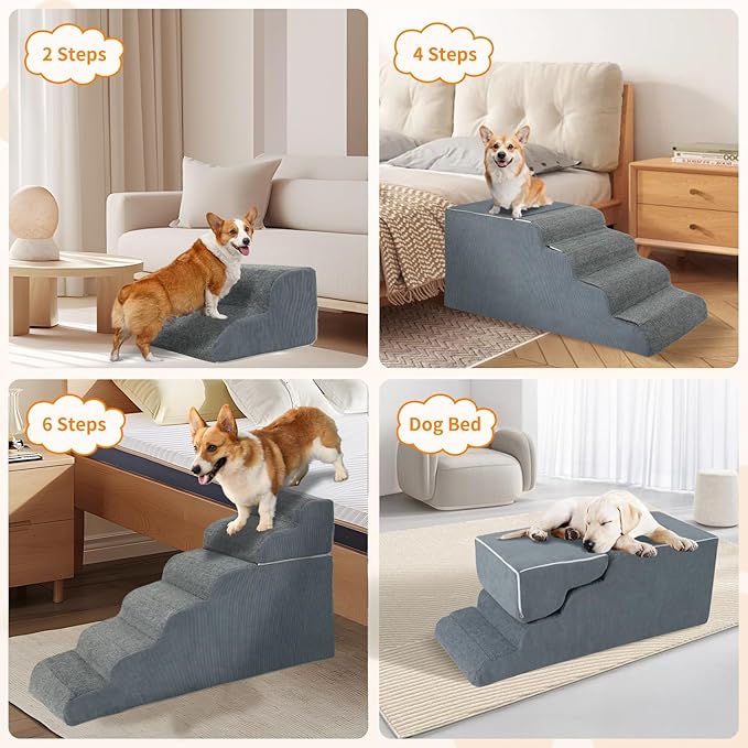 6-Steps Dog Stairs for High Bed and Couch, Wider Pet Stairs for Small Old Large Dogs Cats,30°Steady Non-Slip Dog Steps, Washable Dog Ramp with Removable Cover, PE Boards