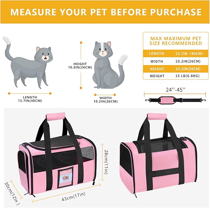 Cat Carrier Pet Carriers Airline Approved for Small Dogs Kitten Carriers for Small Medium Cats Under 15lb, Collapsible Soft Sided TSA Approved Travel Carrier, Pink