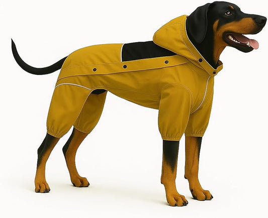 LOVELONGLONG Waterproof Dog Raincoat with Removable Hood – Outdoor Full Body Dog Jacket, Windproof Snowproof Shell Suit – All Season Pet Rain Gear Mustard Yellow L