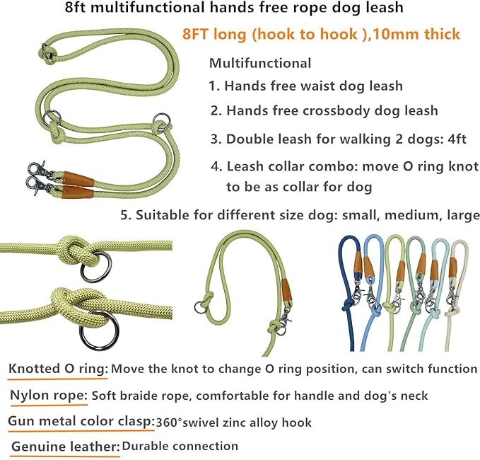 8FT Hands Free Dog Rope Leash, Waist Body Running Leash for Dog Walking (Lime Green, 8FTx10MM)