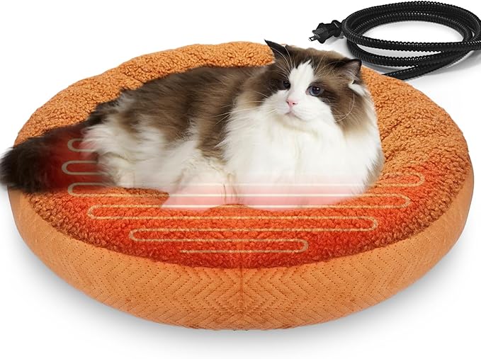 Heated Cat Beds for Indoor Cats Warming Cat Beds Super Soft Machine Washable Thermo Kitty Electric Heating Bed 19 Inches Round