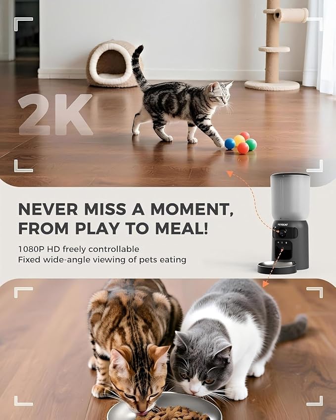 AI Automatic Cat Feeder with 2K HD Dual Cameras,5G&2.4G Wi-Fi 6L Programmable Cat Food Dispenser with Cats Recognition& Diet Tracking, Laser Interactive Toy & Two-Way Audio