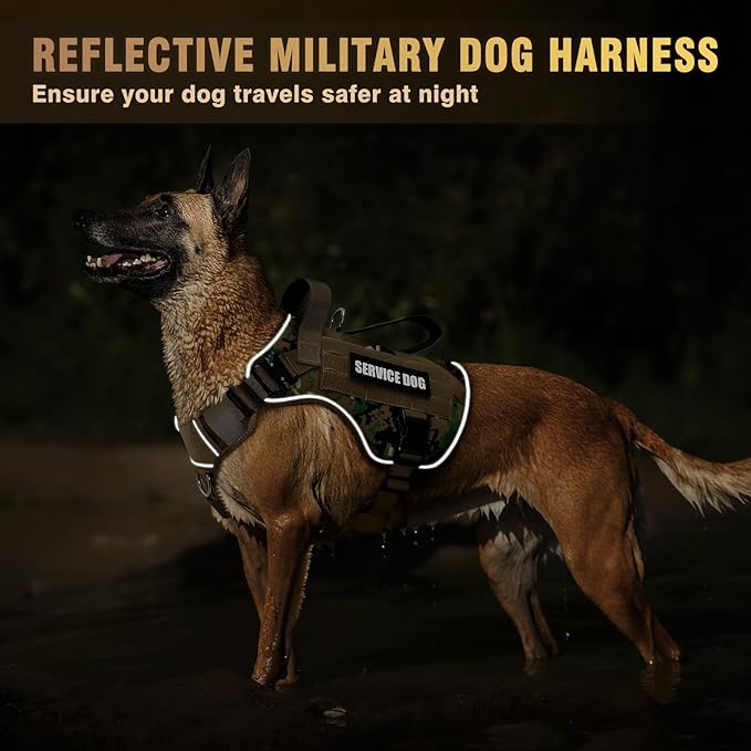 WINSEE Tactical Dog Harness for Medium Dog, Heavy Duty Service Working MOLLE Vest with 10 Pet Patches, 2X Metal Buckle Vest for Training Hunting Walking