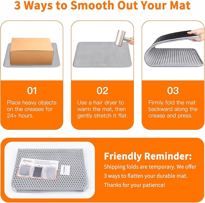 Large Cat Litter Box Mat for Cats, Double Layer Honeycomb Cat Litter Trapping Mats, Waterproof, Urine Proof,Non-Slip Litter Pad for Indoor Kitty Cat Litter Mat, Easy to Clean Grey (33.8'' x 23.6'')