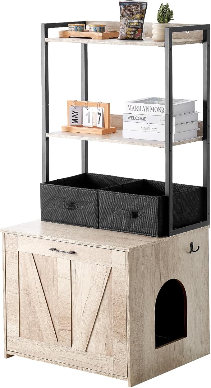 VEVOR Cat Litter Box Enclosure, Hidden Litter Box Furniture with 2 Storage Shelves & 2 Baskets, Wooden Cat Washroom Indoor, Cat House Cabinet Fit Most of Litter Box, 23.6"L x 19.7"W x 50"H, Natural