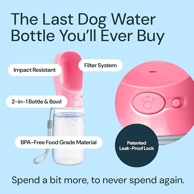 MalsiPree Leak-Proof Portable Dog Water Bottle for Travel - 19 oz, with Pink Bowl - Food Grade Plastic - Dog Bowls - Puppy Essentials - Pet Water Bottle