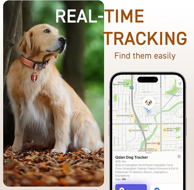 QDAN Dog Tracker, GPS Tracker for Dogs with Collar, Pet Tracker for Cat, Location Tracker, Smart Item Finder, No Charging, No Monthly Fee, IP67 Waterproof, Compatible for iOS Only