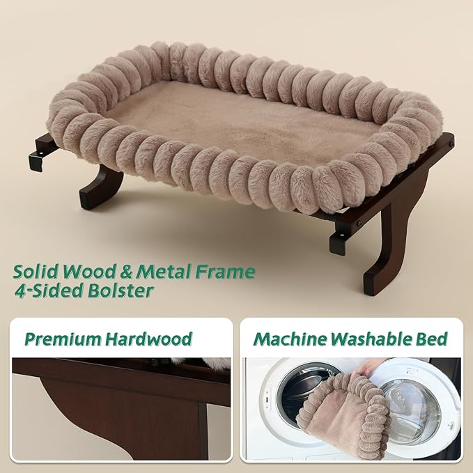 Zakkart SnugCloud Cat Window Perch with 4-Sided Bolster - Orthopedic Cat Hammock for Window Sill - Solid Hardwood & Metal Frame - Window Seat for Pets (Dark Stained Wood w/Brown Bed, Medium)